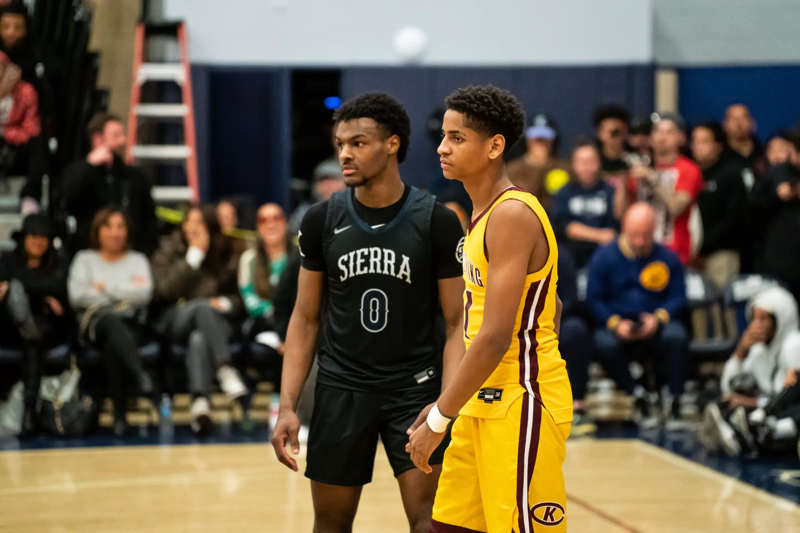 Bronny James #0 plays against Kiyan Anthony #11 at the Sierra Canyon vs Christ The King boys basketball game at Sierra Canyon High School on December 12, 2022 in Chatsworth, California.