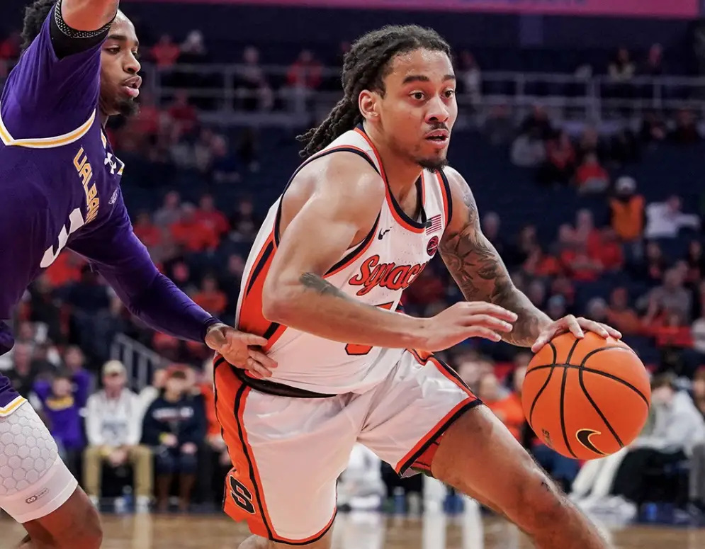 Syracuse guard Jaquan Carlos drives to the rack against UAlbany (cuse.com).