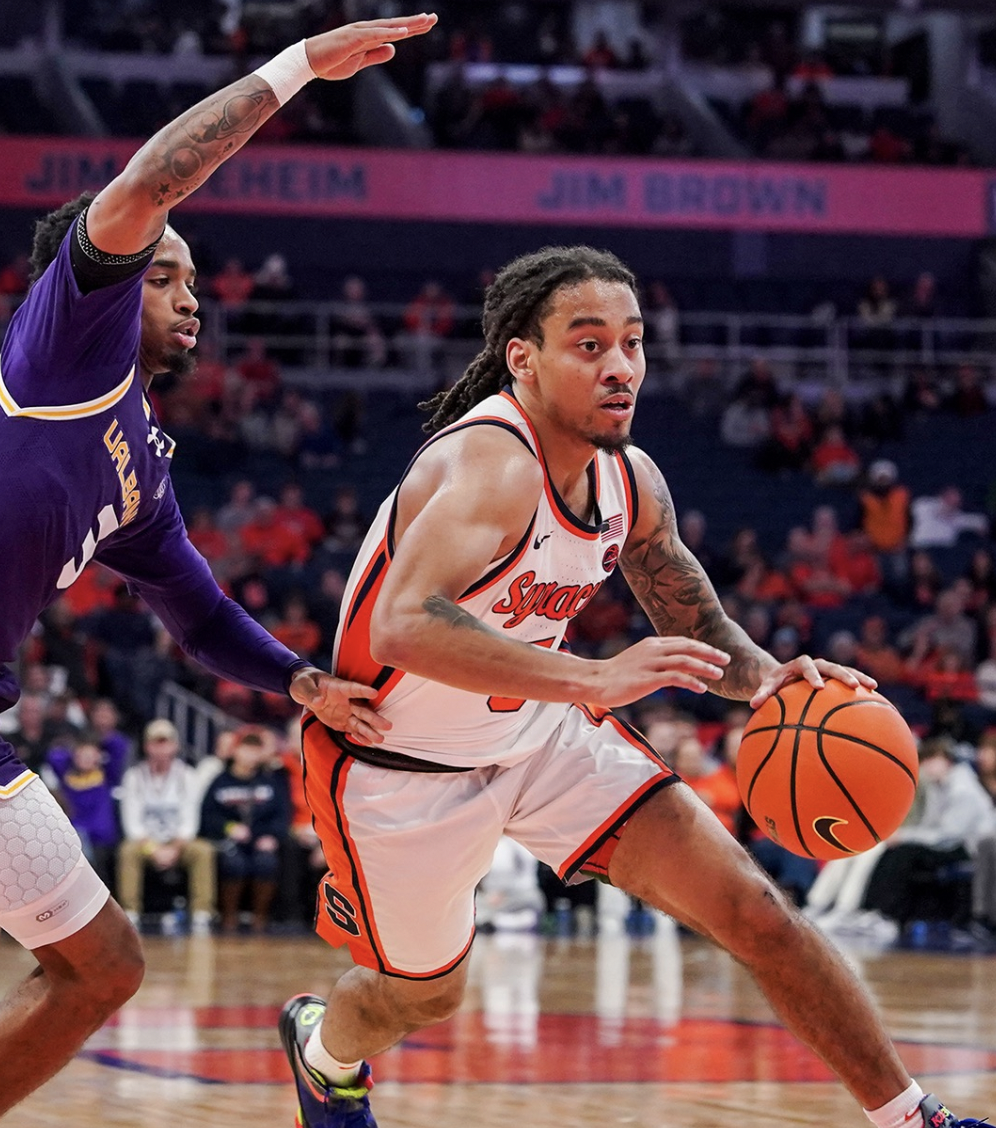 Syracuse guard Jaquan Carlos drives to the rack against UAlbany (cuse.com).